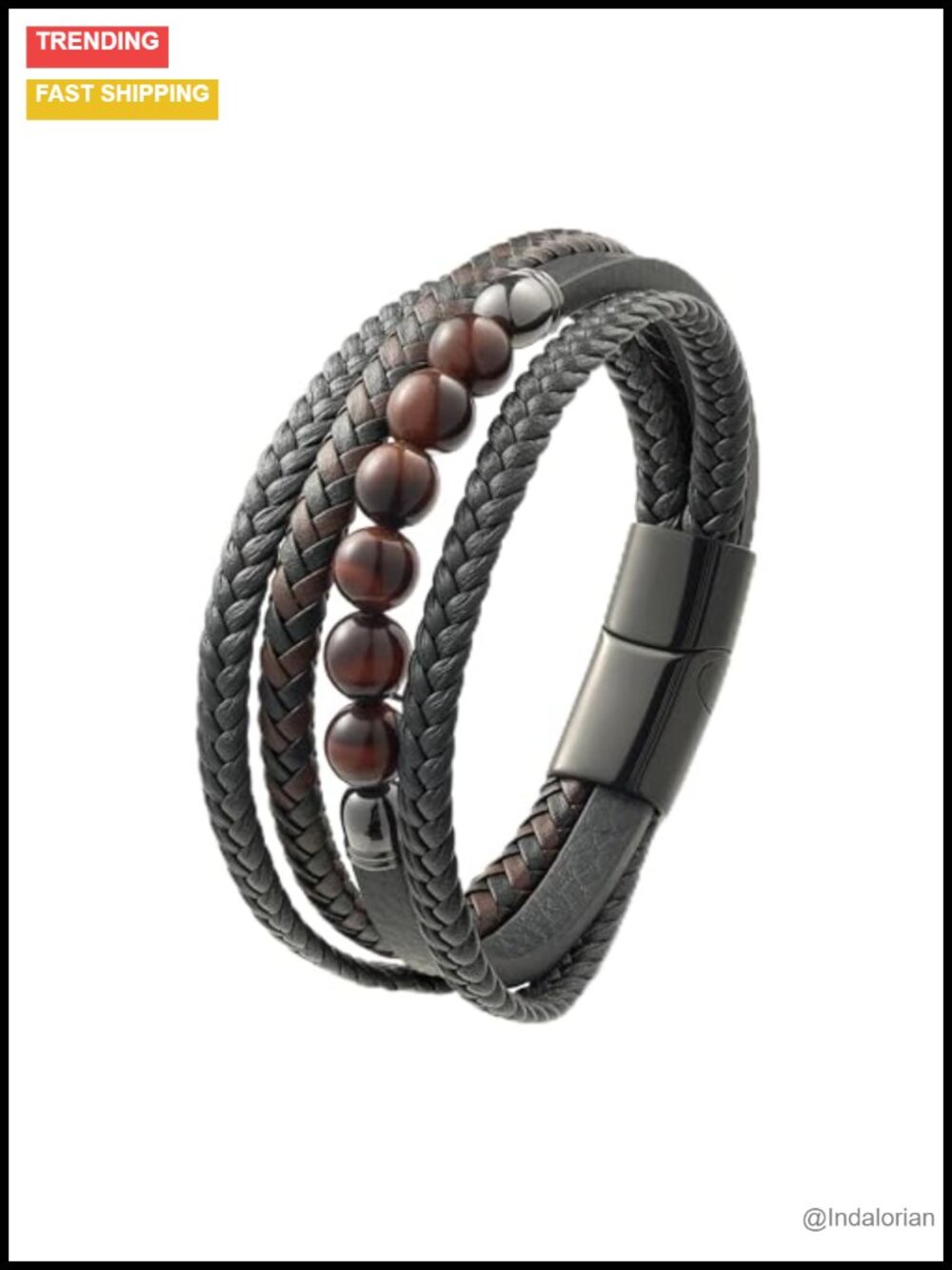 Braided Leather Bracelet with Natural Stone Beads Stainless Steel Clasp Men's
